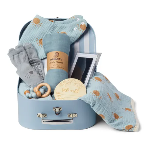The blue Babanaz baby gift set packed in its keepsake suitcase
