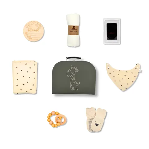 Everything in the forest green Babanaz baby gift set, laid out
