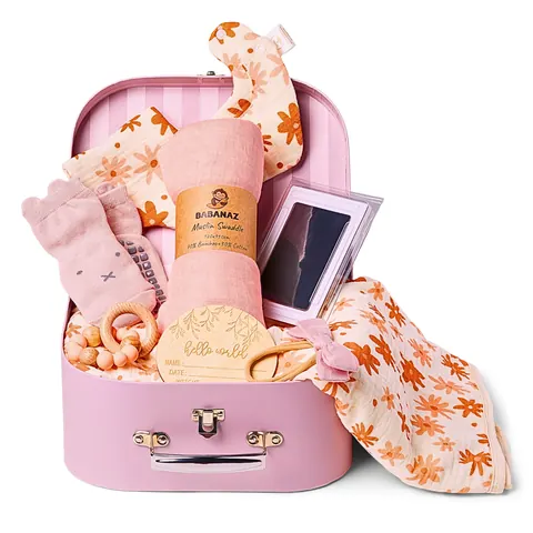 The pink Babanaz baby gift set packed in its keepsake suitcase